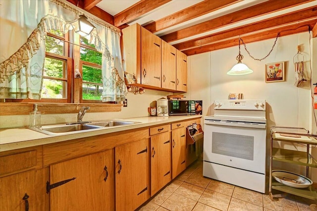 kitchen featuring light tile patterned floors, a sink, light countertops, white electric stove, and beam ceiling