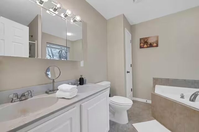 7075 Boulder Ct, Tobyhanna, PA 18466 - full bathroom featuring a bath, double vanity, toilet, and baseboards