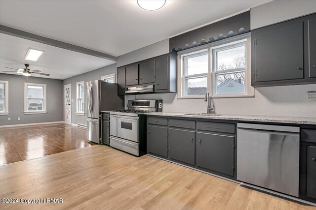 kitchen featuring stainless steel appliances, plenty of natural light, a sink, and light wood-style floors