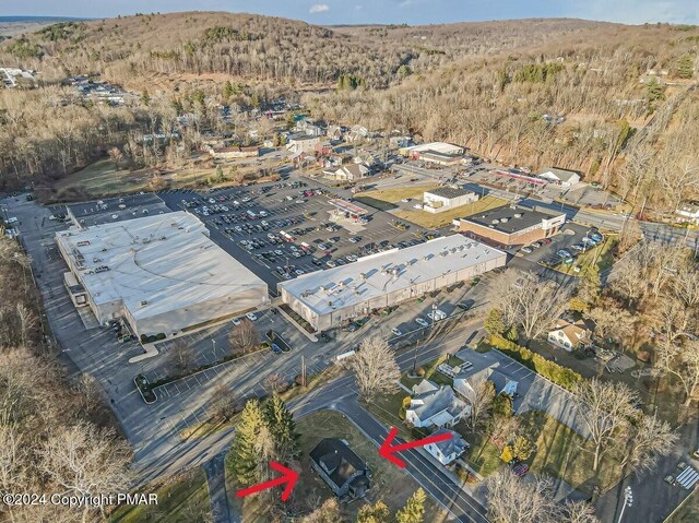 bird's eye view featuring a wooded view