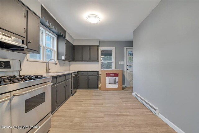 kitchen with light wood-style flooring, stainless steel appliances, a sink, light countertops, and gray cabinets