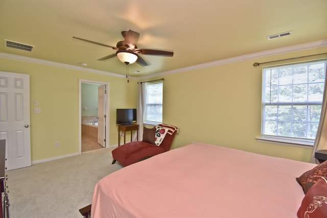1785 Big Ridge Dr, East Stroudsburg, PA 18302 - bedroom featuring carpet flooring, ornamental molding, ensuite bath, and ceiling fan