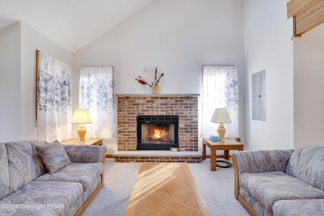 carpeted living area featuring high vaulted ceiling, a fireplace, and electric panel