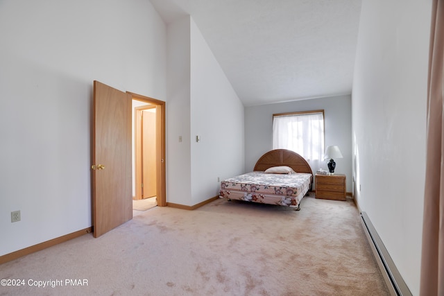 bedroom featuring high vaulted ceiling, a baseboard radiator, baseboards, and carpet