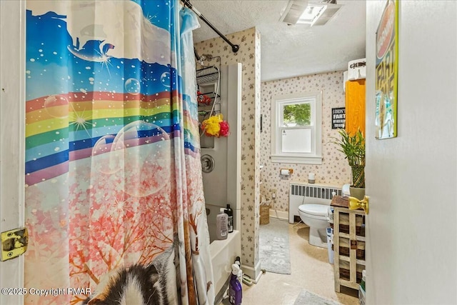 bathroom featuring radiator, a textured ceiling, toilet, and wallpapered walls