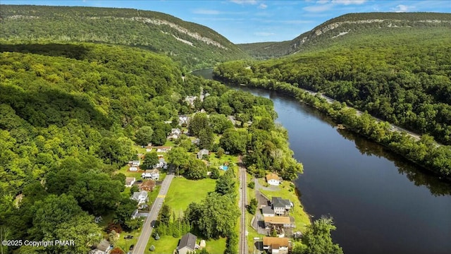 aerial view featuring a wooded view and a water and mountain view