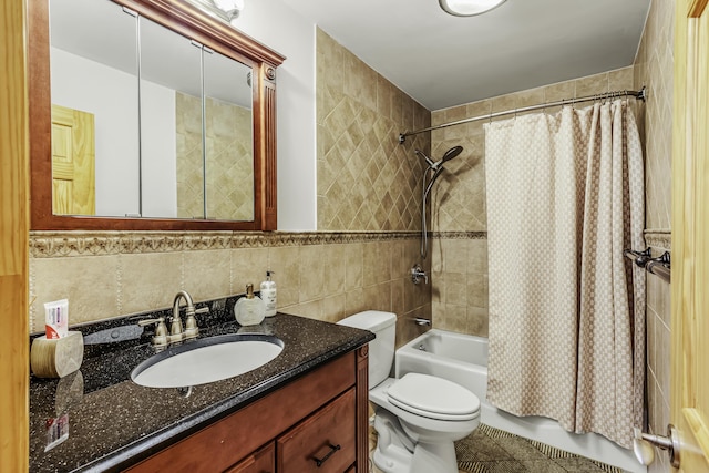 268 Outer Dr, Pocono Lake, PA 18347 - bathroom with tile walls, shower / bath combo with shower curtain, toilet, and vanity