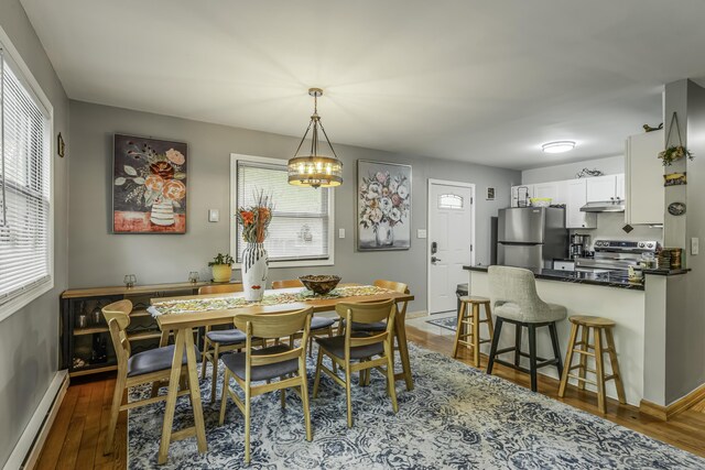 268 Outer Dr, Pocono Lake, PA 18347 - dining room with a baseboard heating unit, plenty of natural light, a chandelier, and dark wood-type flooring