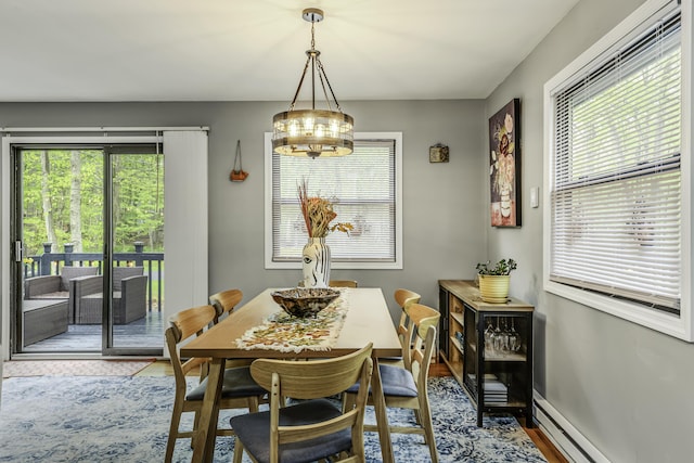 268 Outer Dr, Pocono Lake, PA 18347 - dining room featuring wood finished floors, baseboard heating, a chandelier, and baseboards