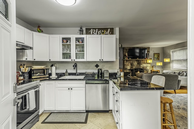 268 Outer Dr, Pocono Lake, PA 18347 - kitchen featuring stainless steel appliances, a peninsula, under cabinet range hood, a sink, and a breakfast bar