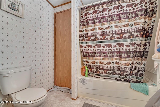 bathroom featuring tile patterned floors, crown molding, toilet, and wallpapered walls