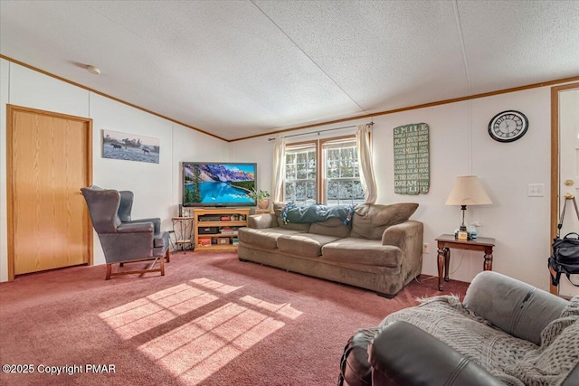 carpeted living room featuring ornamental molding, lofted ceiling, and a textured ceiling