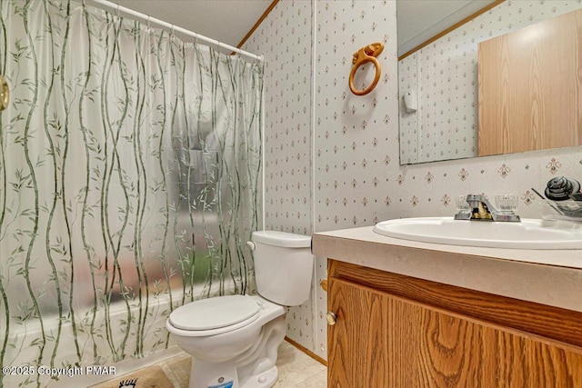 bathroom featuring toilet, vanity, shower / tub combo with curtain, wallpapered walls, and crown molding