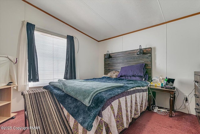 carpeted bedroom with lofted ceiling, crown molding, and a textured ceiling