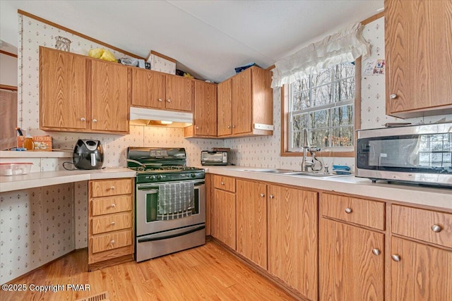 kitchen featuring lofted ceiling, under cabinet range hood, stainless steel appliances, a sink, and light countertops