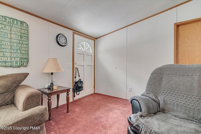 living area featuring a textured ceiling, ornamental molding, carpet flooring, and lofted ceiling