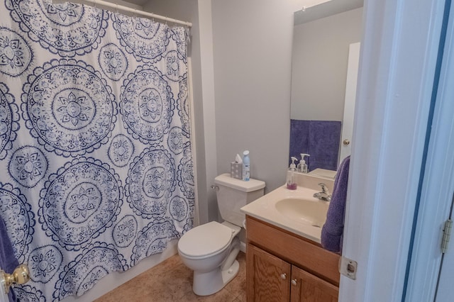 full bath with vanity, toilet, tile patterned flooring, and a shower with shower curtain