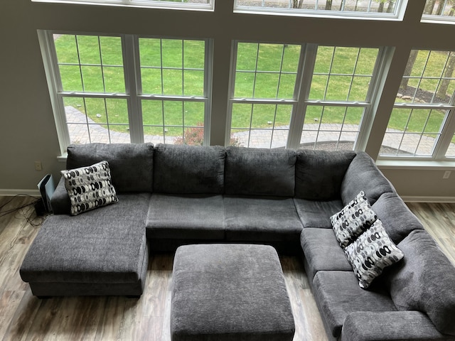 living room featuring wood finished floors and baseboards