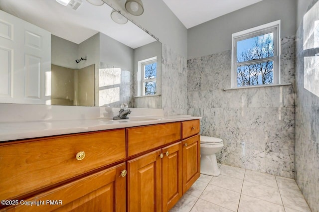 full bath featuring visible vents, a shower, toilet, tile patterned floors, and vanity