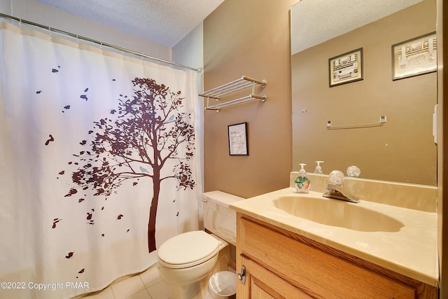 138 Banbury Dr, Bushkill, PA 18324 - bathroom featuring a textured ceiling, vanity, toilet, tile patterned floors, and a shower with shower curtain