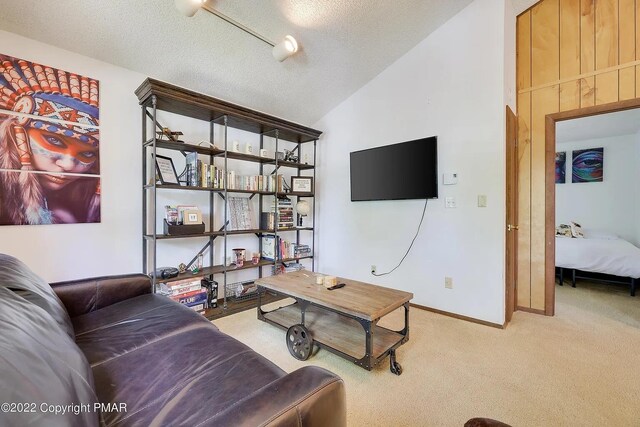 138 Banbury Dr, Bushkill, PA 18324 - carpeted living area featuring lofted ceiling, baseboards, and a textured ceiling