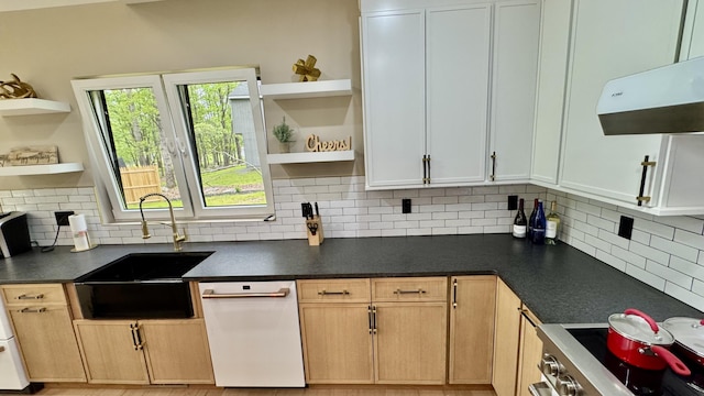2154 Valleyview Dr, Bushkill, PA 18324 - kitchen with open shelves, white dishwasher, a sink, dark countertops, and tasteful backsplash
