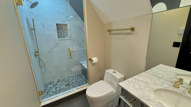 2154 Valleyview Dr, Bushkill, PA 18324 - full bath with vanity, a marble finish shower, toilet, and vaulted ceiling
