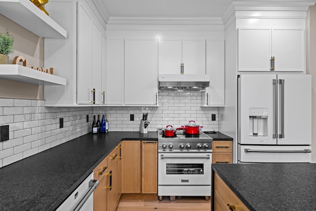 2154 Valleyview Dr, Bushkill, PA 18324 - kitchen featuring white appliances, under cabinet range hood, open shelves, crown molding, and white cabinetry