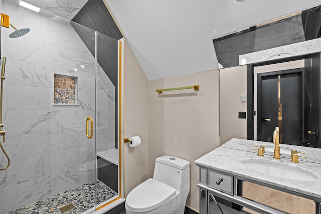 2154 Valleyview Dr, Bushkill, PA 18324 - full bathroom featuring vanity, a shower stall, toilet, and lofted ceiling