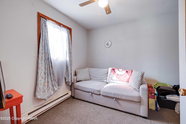 living room featuring carpet floors, ceiling fan, and baseboard heating