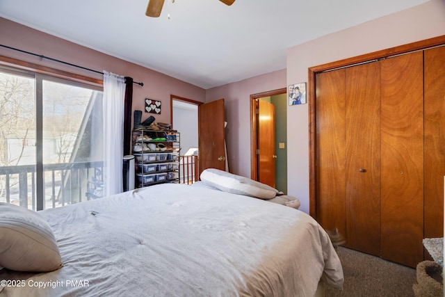 bedroom with a closet, ceiling fan, and carpet flooring