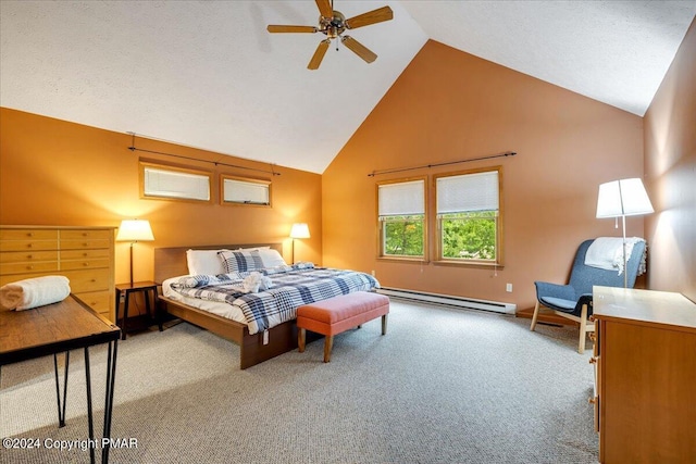 carpeted bedroom with a baseboard heating unit, high vaulted ceiling, and ceiling fan