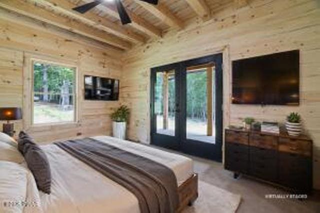 118 Eagle Rock Rd, Lackawaxen, PA 18435 - bedroom with access to outside, wooden walls, and a wooden ceiling with exposed beams