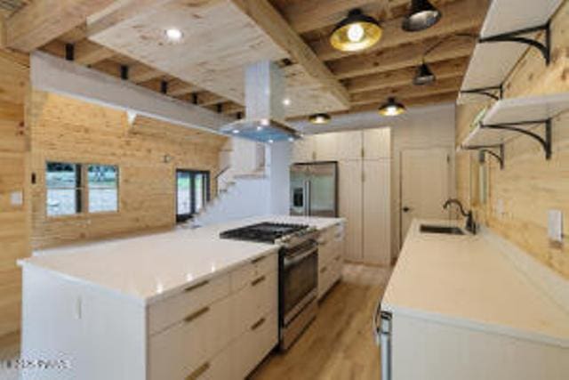 118 Eagle Rock Rd, Lackawaxen, PA 18435 - kitchen with stainless steel appliances, light wood-style flooring, light countertops, modern cabinets, and a center island