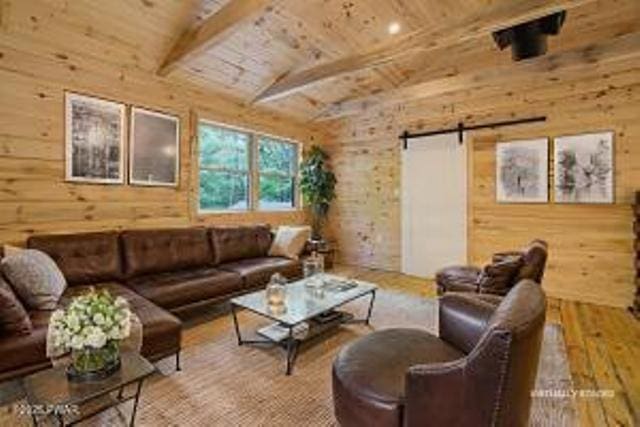 118 Eagle Rock Rd, Lackawaxen, PA 18435 - living area featuring wood ceiling, wood walls, wood finished floors, and a barn door