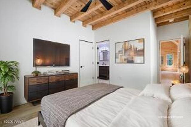 118 Eagle Rock Rd, Lackawaxen, PA 18435 - bedroom with a wooden ceiling with exposed beams, connected bathroom, and a ceiling fan