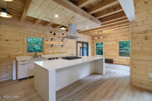 118 Eagle Rock Rd, Lackawaxen, PA 18435 - kitchen featuring exhaust hood, light wood finished floors, white cabinets, wood walls, and a kitchen island