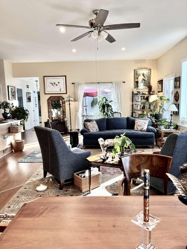 4426 Skyline Dr, Canadensis, PA 18325 - living area featuring a ceiling fan, wood finished floors, and recessed lighting