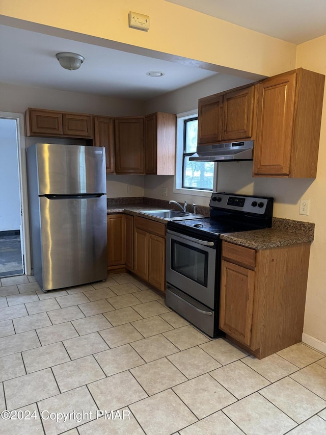 kitchen featuring brown cabinetry, dark countertops, appliances with stainless steel finishes, under cabinet range hood, and a sink