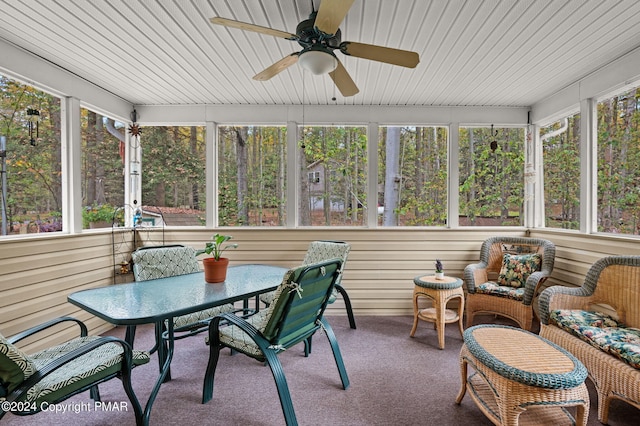 sunroom / solarium with wood ceiling, a healthy amount of sunlight, and ceiling fan