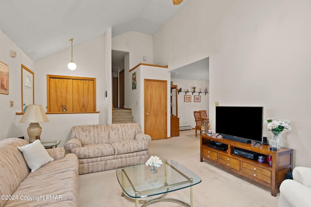 living room featuring stairs, high vaulted ceiling, baseboard heating, and light colored carpet