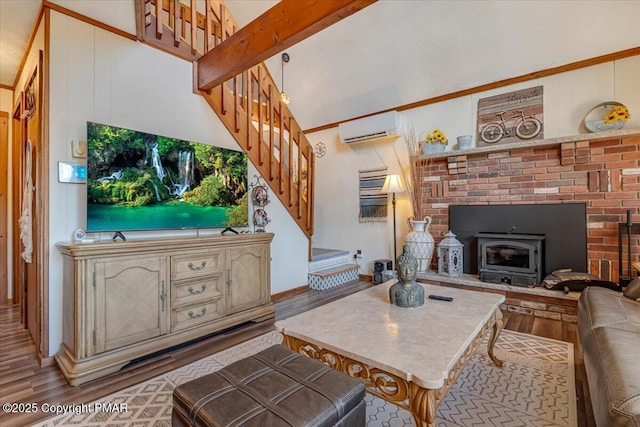 living room featuring a wall mounted AC, stairway, vaulted ceiling, and wood finished floors