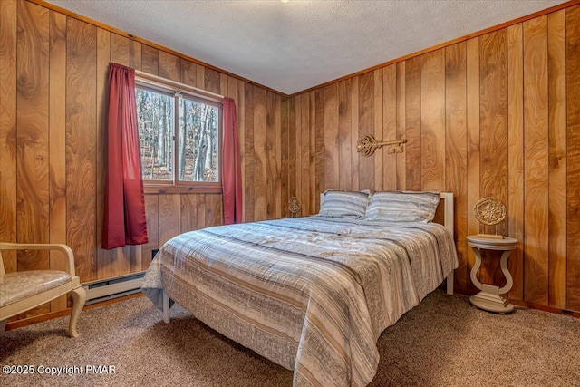 bedroom with a baseboard radiator, wooden walls, carpet floors, and a textured ceiling