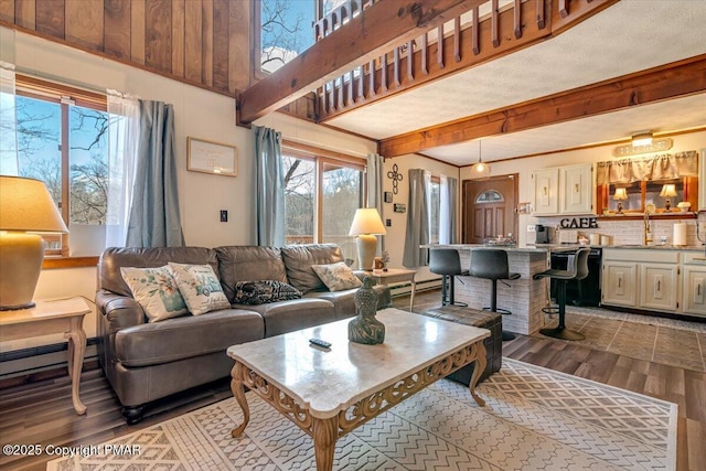 living room featuring a baseboard radiator, wood finished floors, and beamed ceiling