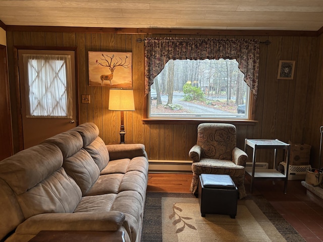 living area with wooden walls, wood ceiling, a baseboard heating unit, and baseboard heating
