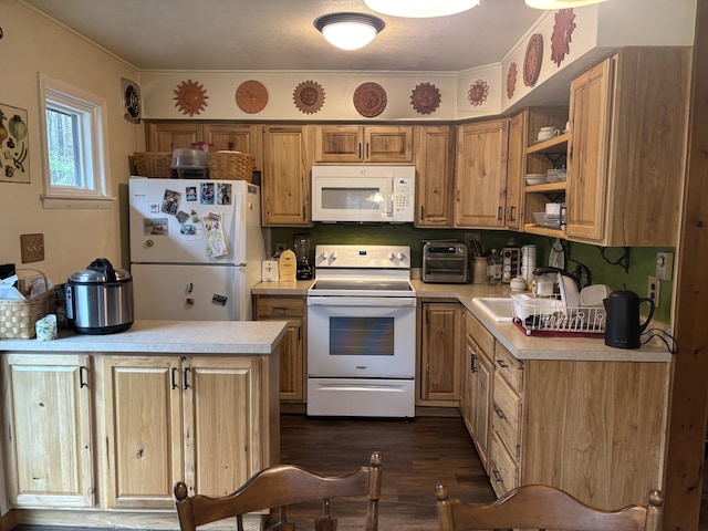 kitchen with open shelves, white appliances, light countertops, a sink, and dark wood finished floors
