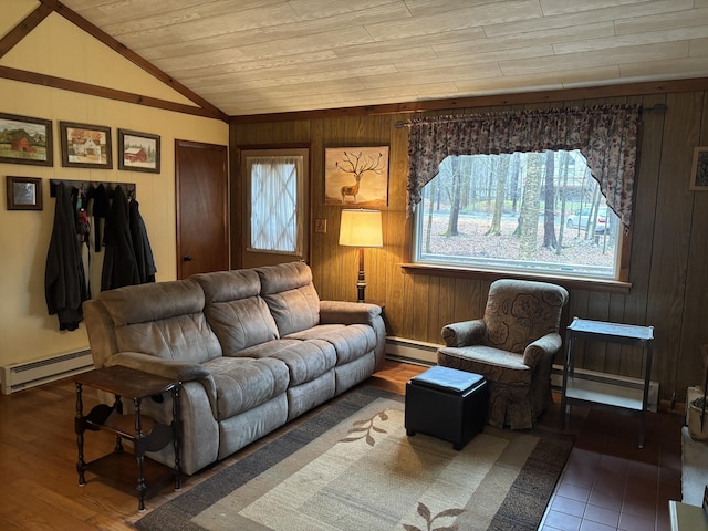 living room featuring wooden ceiling, a baseboard heating unit, and lofted ceiling