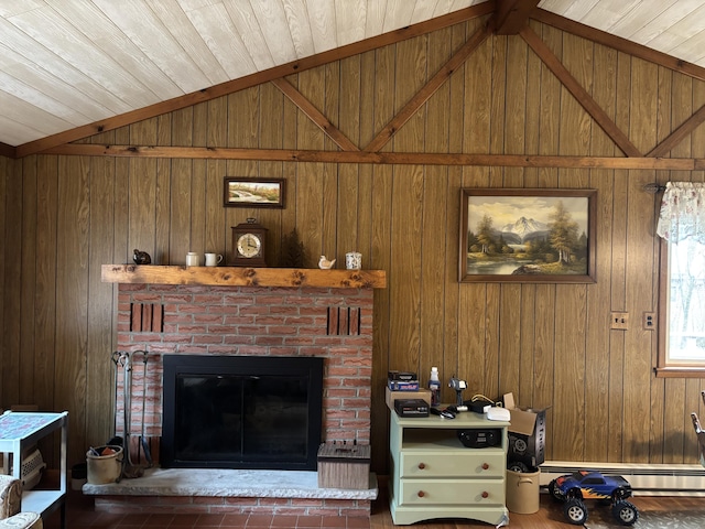 living area with a fireplace, vaulted ceiling, wooden ceiling, a baseboard radiator, and wooden walls