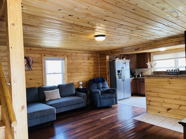 living area featuring light wood-type flooring and wooden ceiling
