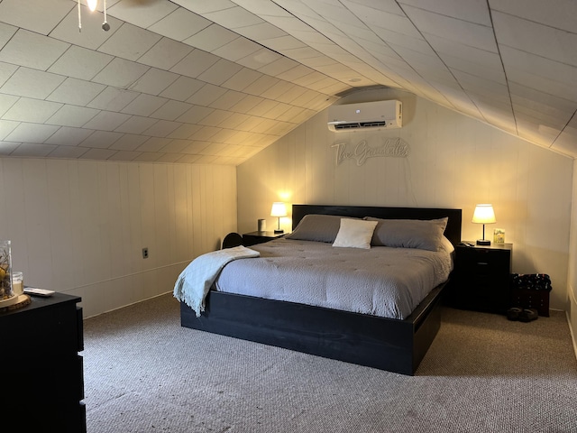 carpeted bedroom featuring lofted ceiling and a wall mounted AC